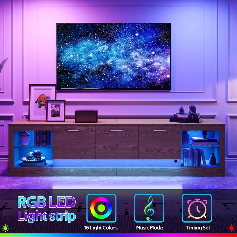 Modern LED TV Stand, for TVs up to 90'' with 6 Cabinets& 2 Open Compartments, for Living Room, Bedroom