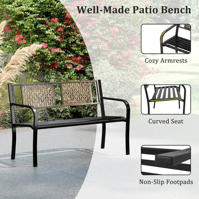 Costway 50" Outdoor Metal Park Bench with Rattan-Like Backrest & - See Details