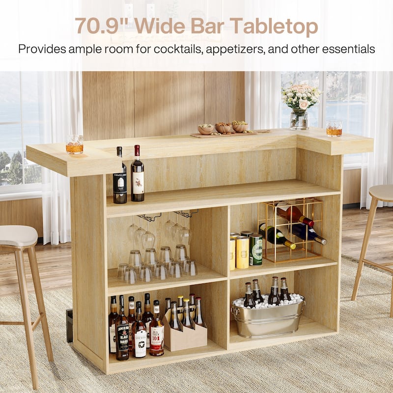 Industrial Wood Bar Table Liquor Cabinet with Wine Glass Holder