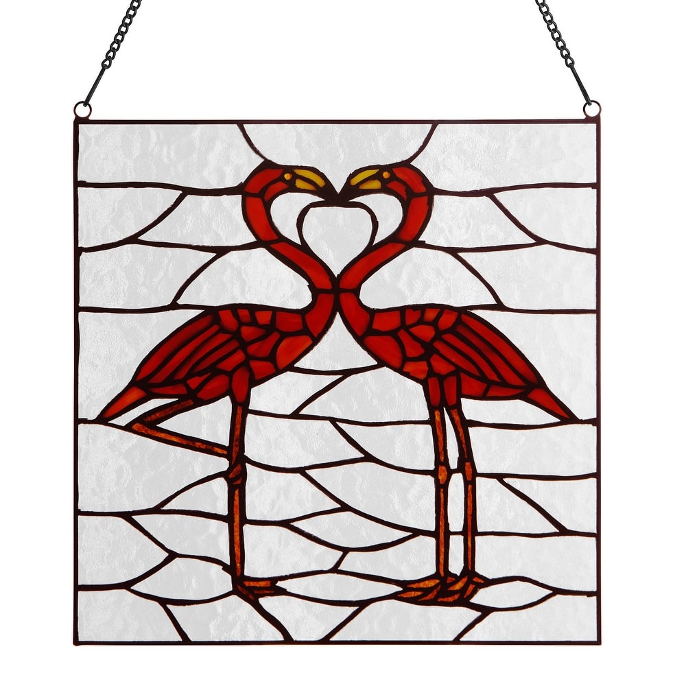 River of Goods Kissing Flamingos River of Goods Pink, Clear and Brown Stained Glass Window Panel - 12" x 0.25" x 12.5"