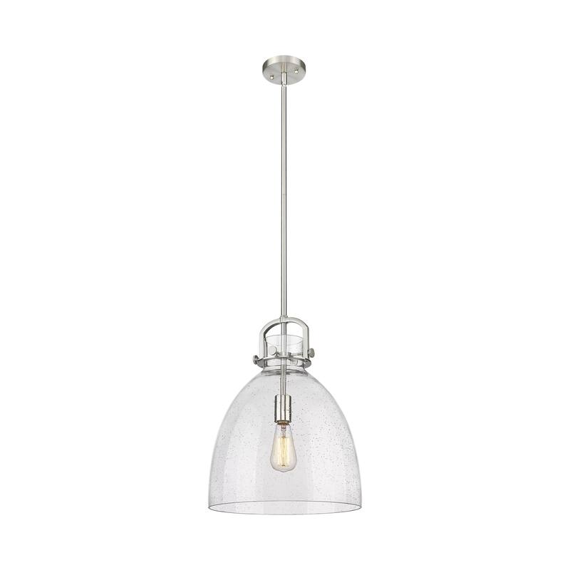Innovations Lighting Newton Bell - 1 Light 14" Stem Hung Pendant - Satin Nickel/Seedy