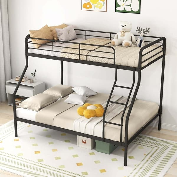 slide 2 of 7, Twin Over Full Bunk Bed Heavy-Duty Metal Bunk Bed w/ Guardrail &Ladder