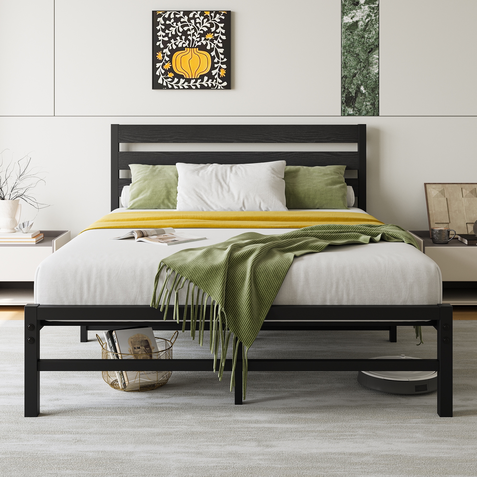 Full Size Modern Style Metal Platform Bed with Rustic Vintage Wooden Headboard for Bedroom
