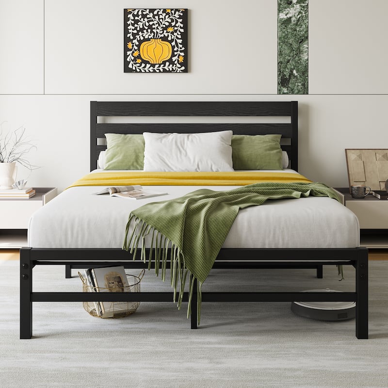 Modern Style Metal Platform Bed with Rustic Vintage Wooden Headboard for Bedroom - Black - Full