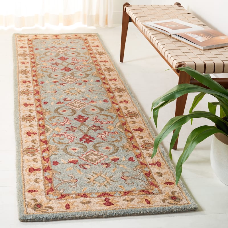 SAFAVIEH Handmade Anatolia Lieke Traditional Oriental Hand-spun Wool Rug - 2'3" x 10' Runner - Light Blue/Ivory