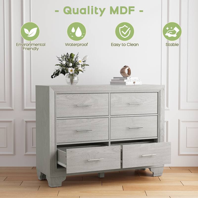 Wood Dresser for Bedroom, 6 Drawer Double Dresser with Metal Handles