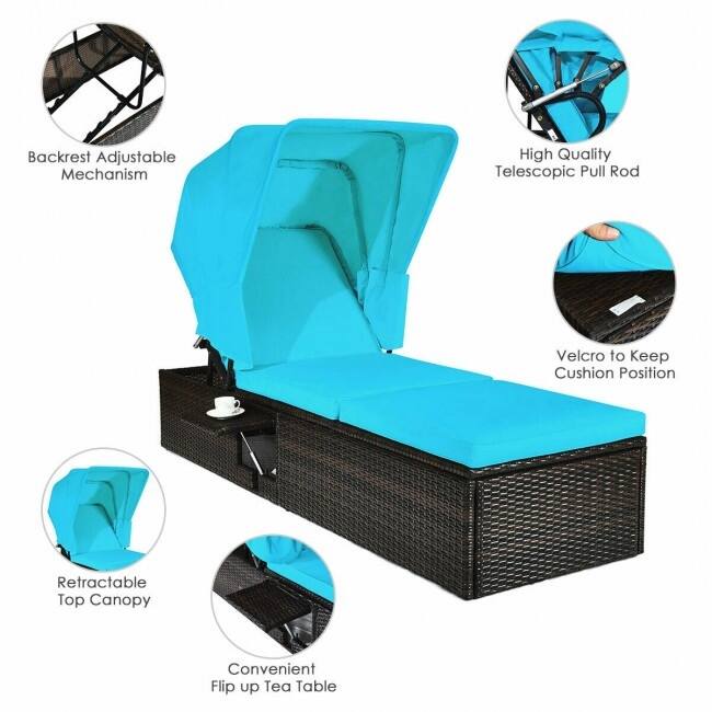 Chaise Cushioned Top Canopy Patio Rattan Lounge Chair with Tea Table - 77”x 23.5”x 13”-25”-28.5”-32.5”-35.5”(L x W x H)
