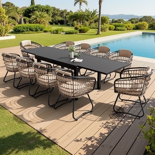 VredHom 11PC Outdoor Patio Extendable Table Dining Sets Table with Rattan Chairs
