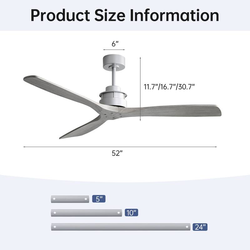 Sofucor 60Inch Ceiling Fan Solid Wood Blades with Light Remote Control,Indoor/Outdoor with Reversible DC Motor for Bedroom Patio