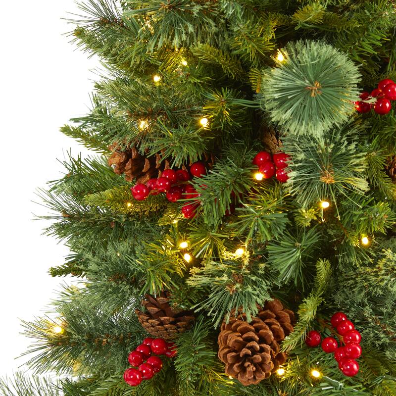 5' Norway Mixed Pine Artificial Christmas Tree with 200 Clear LED Lights, Pine Cones and Berries