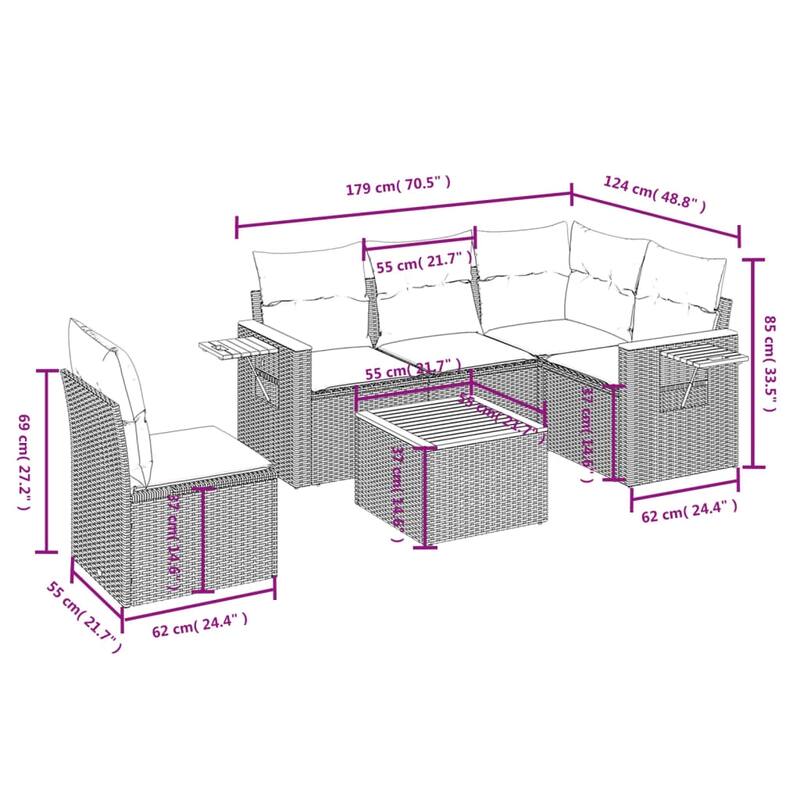 vidaXL 6 Piece Patio Sofa Set with Cushions Grey Poly Rattan (US only) - 70.5x33.5x48.8