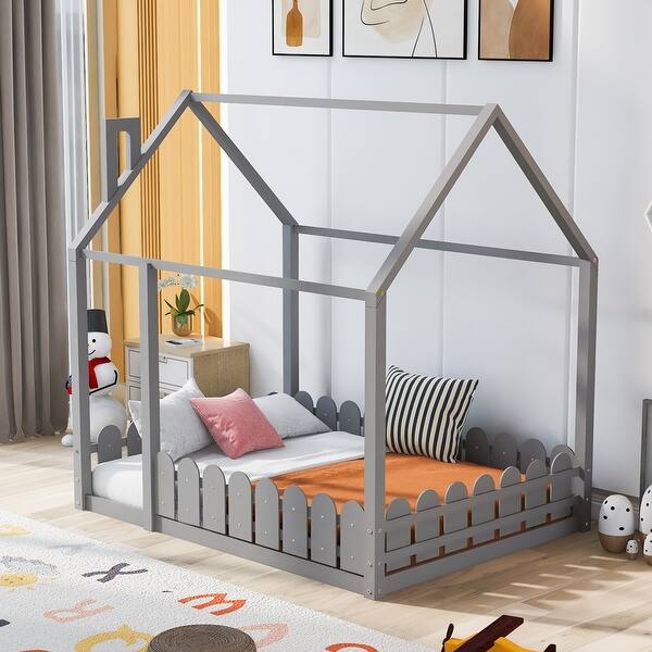 slide 2 of 40, Full Size Wood House Bed Frame with Fence, Perfect for Kids' Play and Sleep Space Gray