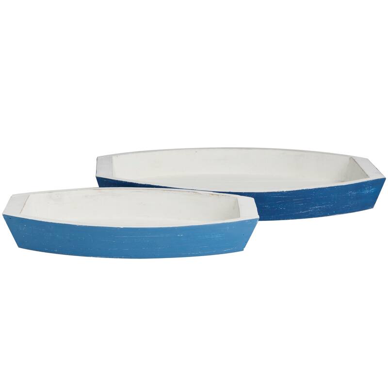 Blue Wood Handmade Distressed Two Toned Boat Living Room Decor Tray (Set of 2) - 17", 13"W