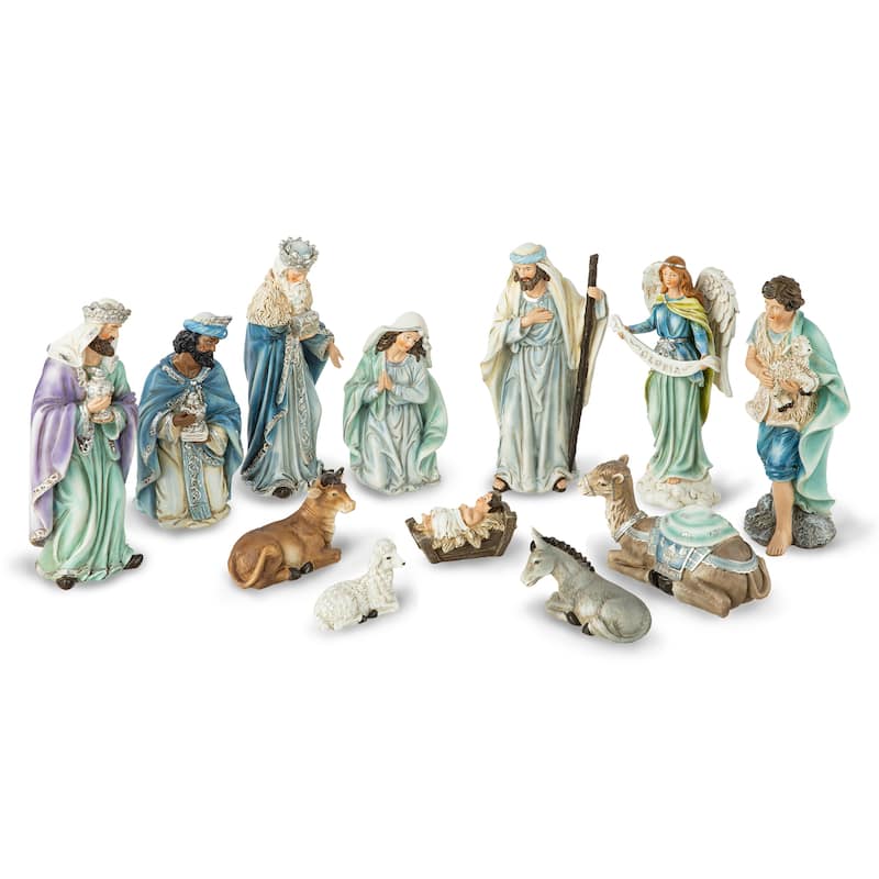 Glitzhome 12 Pcs Deluxe Blue Resin Nativity Figurine Set
