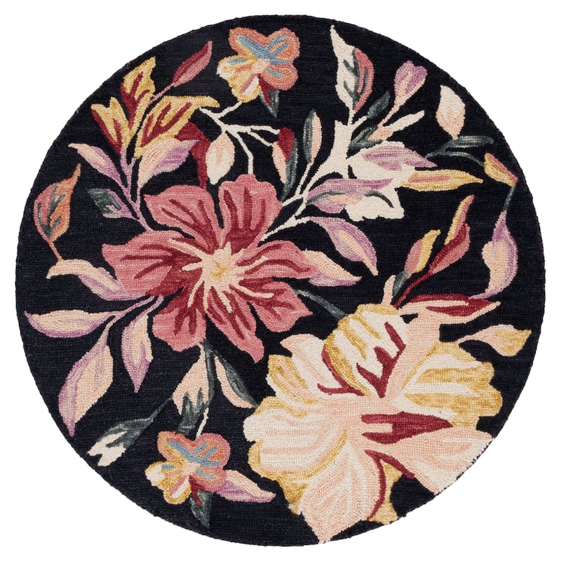 SAFAVIEH Handmade Jardin Vanya Floral Wool Rug - Black/Pink - 3' Round