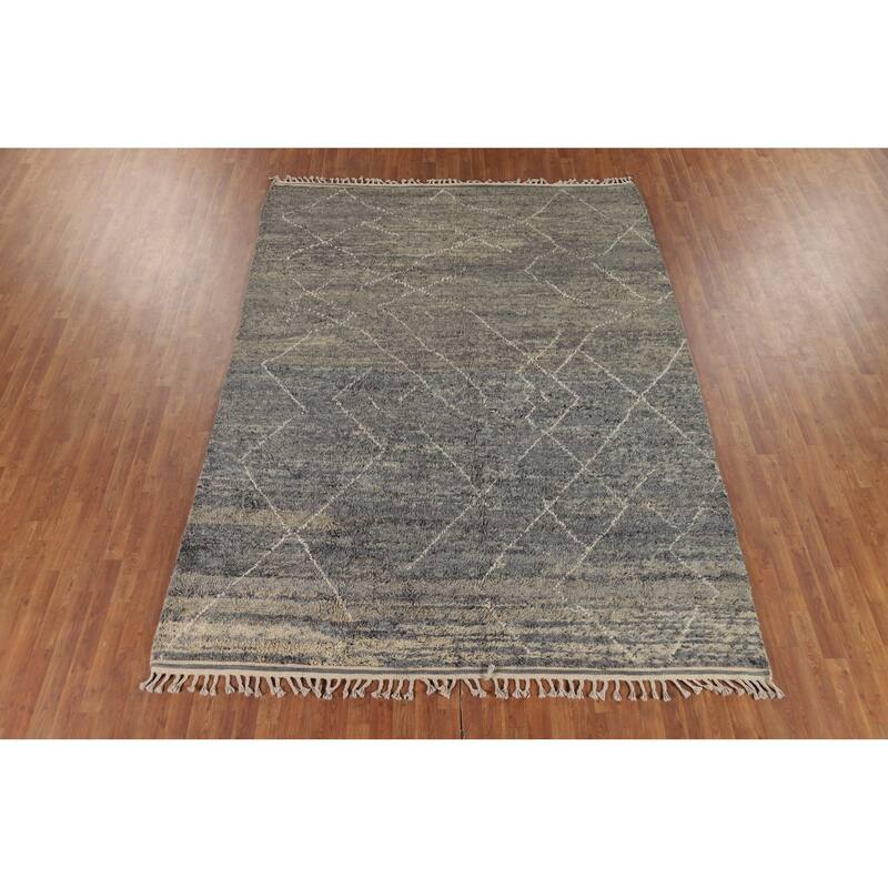 Gray Plush Moroccan Oriental Area Rug Handmade Wool Carpet - 7'11" x 10'8"