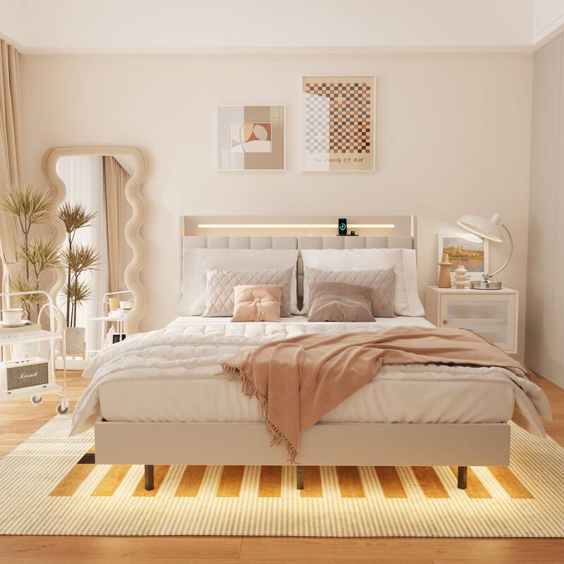 Queen Upholstered Platform Bed Frame with LED Lights Charging Station Headboard Hidden Storage No Box Spring Beige