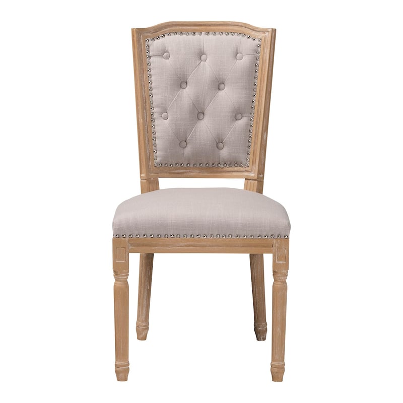 Baxton Studio Estelle Shabby Chic Rustic French Country Weathered Oak Beige Linen Button-tufted Chair