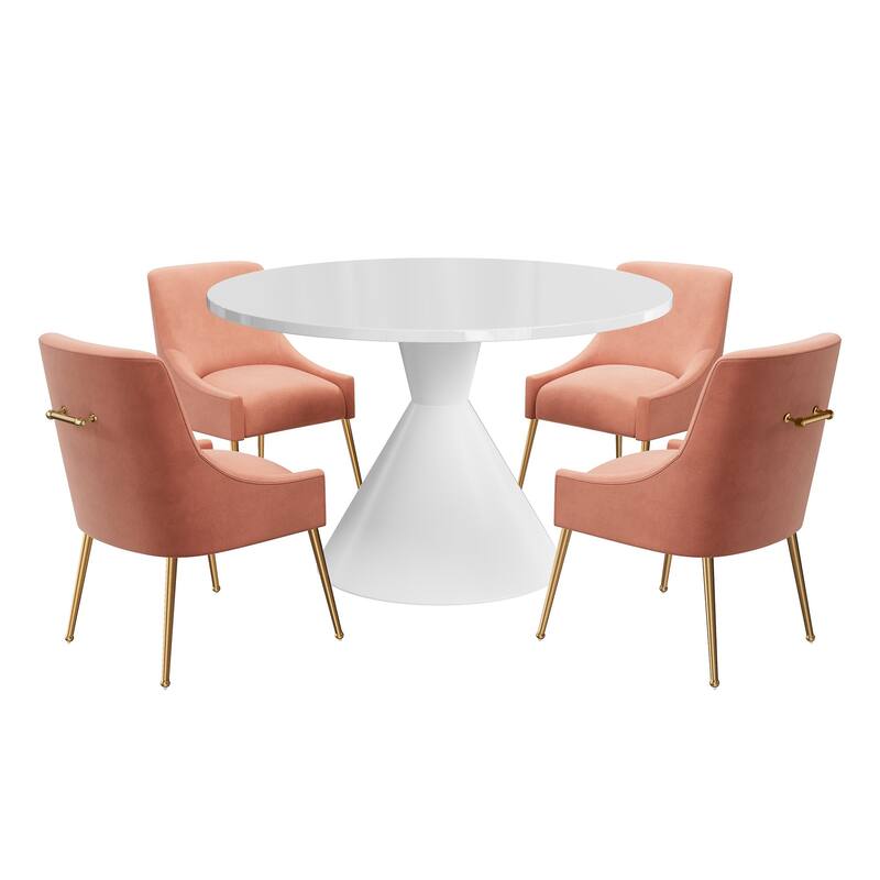 48" Light Luxury White High Gloss Large Countertop Dining Table with Velvet Dining Chair Set