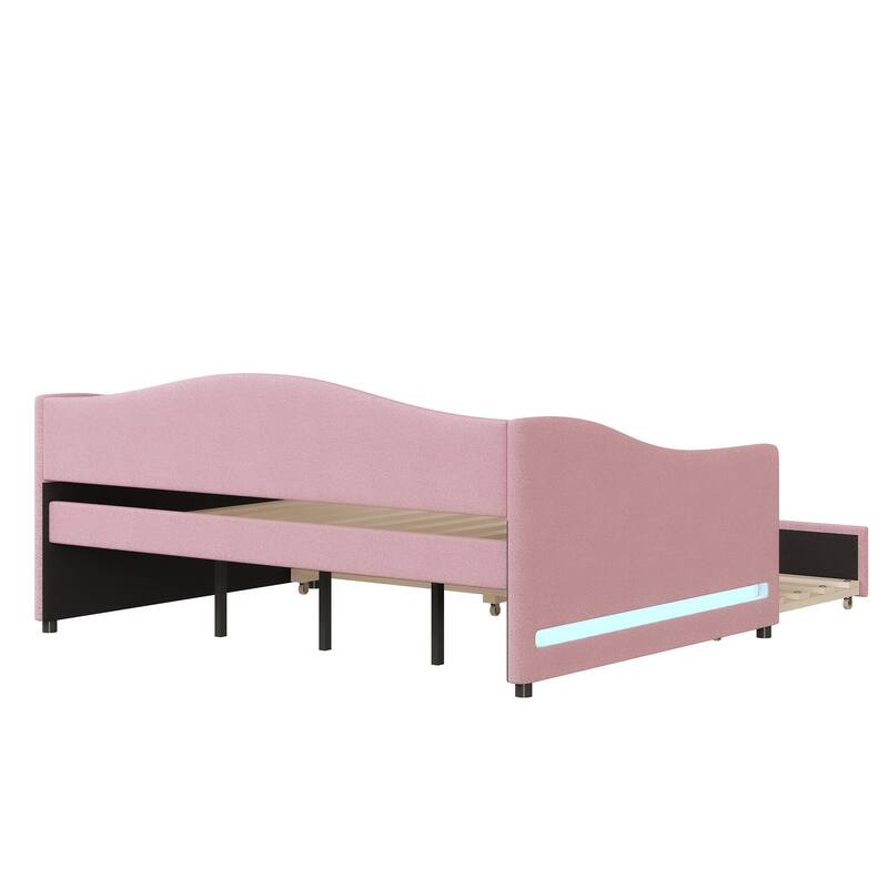 Twin/Full Size Daybed with Trundle,Teddy Fleece Twin/Full Size Upholstered Daybed Sofa Bed with Light for Bedroom, Living Room