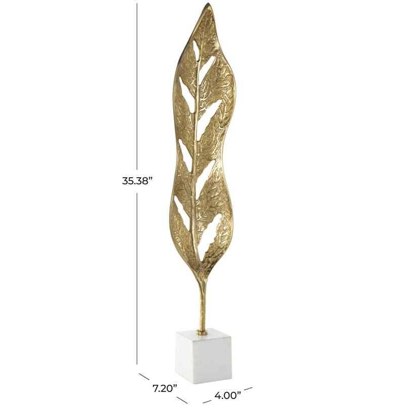 Aluminum Metal Leaf Tall Textured Cutout Decorative Sculpture with White Marble Base - Gold - Roche River Decor