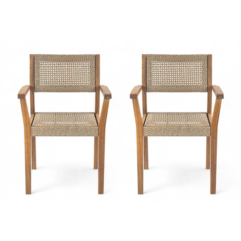 Roomfitters Amaris Outdoor Acacia Wood Dining Chairs with Wicker Accents, Teak Finish Set of 2 - Teak