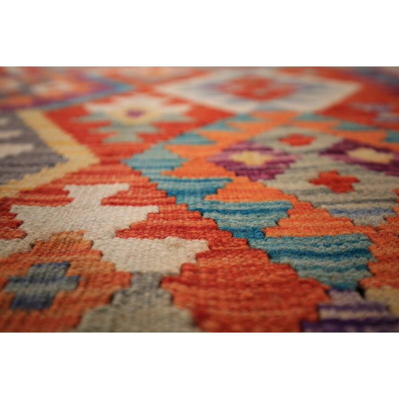 Kilim Oriental Area Rug Flatweave Geometric Orange Wool Carpet - 8'2" x 11'5"