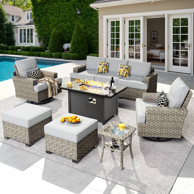 OVIOS 9 Pieces T shaped Seat Wide Armrest Swivel Chair Set With Fire Pit - Grey