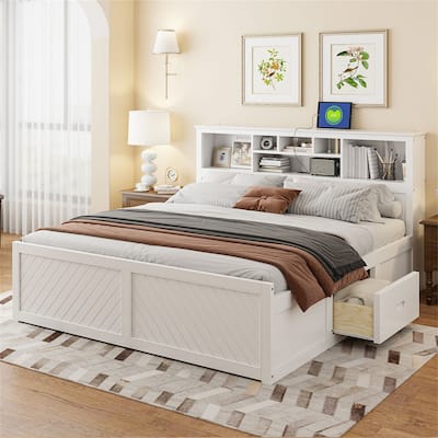 King Size Solid Wood Platform Bed Frame with Storage Headboard, Drawer