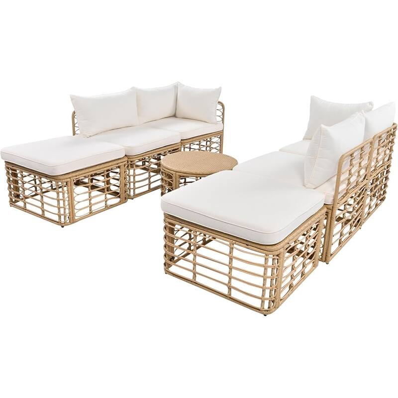 Roomfitters 7 Pieces Outdoor Patio Furniture, All-Weather Rattan Sectional Sofa Set with Thick Cushions and Pillows