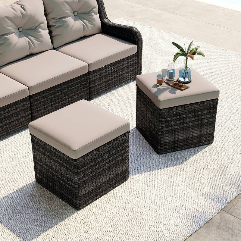 2 Set Outdoor 17.7" W Square Rattan Ottoman Patio Ottoman with Cushion