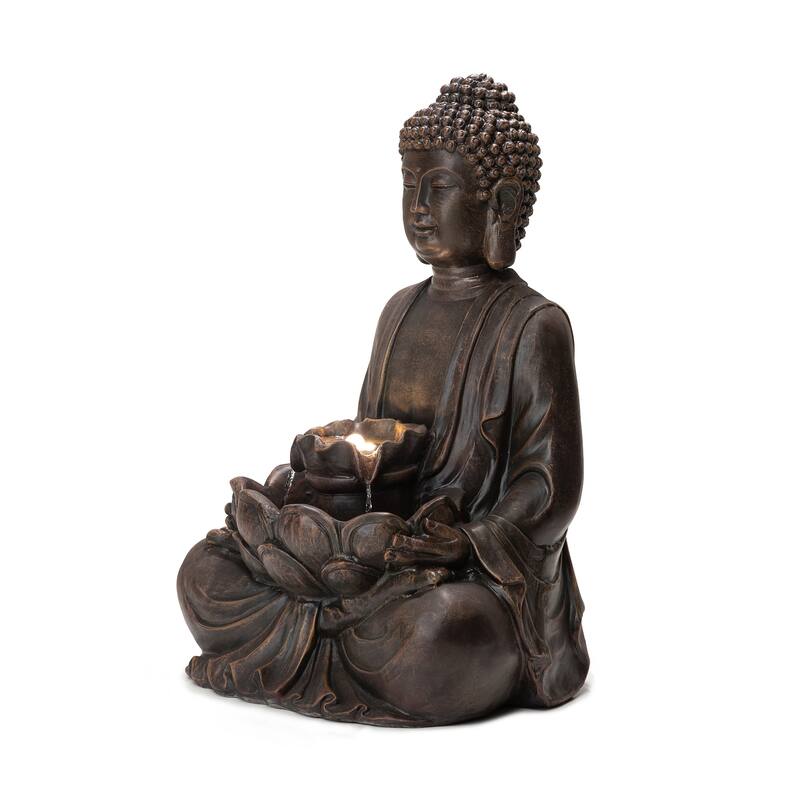 Glitzhome 28.25"H Zen Style Meditating Buddha Statue Patio Fountain with LED Lights - 28.25"