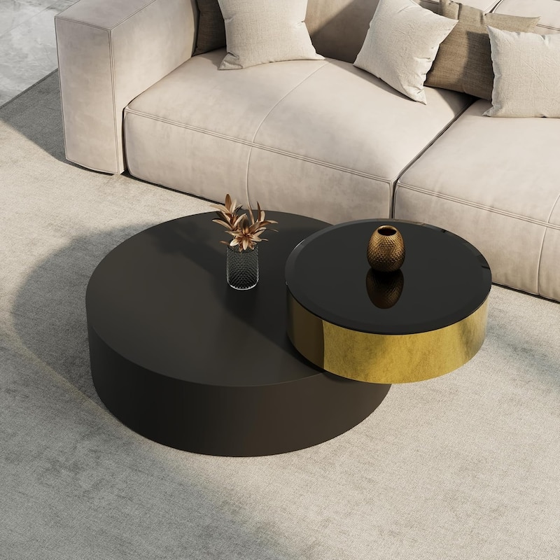 Luxury Round Coffee Table with 2 Tier Rotatable Top Circle Coffee Table with 360° Swivel Top for Living Room Apartment - Black