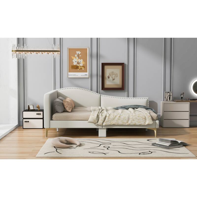 Modern Upholstered Full Size Daybed with Headboard and Armrest, Beige Linen Fabric, Sturdy Wood Frame