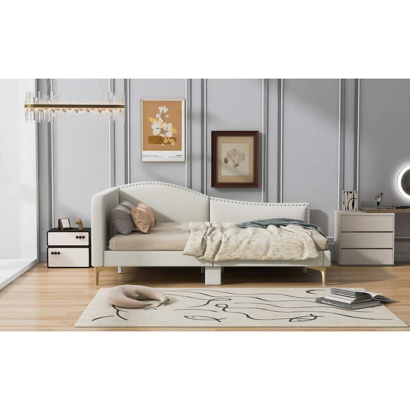 Upholstered Chaise Lounge Side Daybed with Curved Nailhead Trim Guardrail and Headboard, Platform Bed Sofa Bed Recliner Chairs