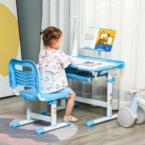 Qaba Kids Desk and Chair Set Height Adjustable Student Writing Desk Children School Study Table