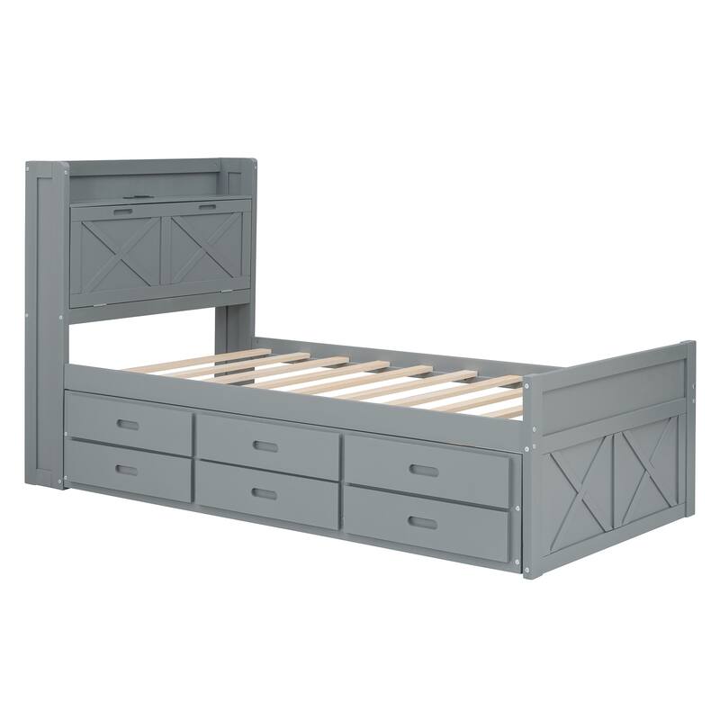 Twin Size Wooden Bed with Storage Headboard with Twin Size Trundle