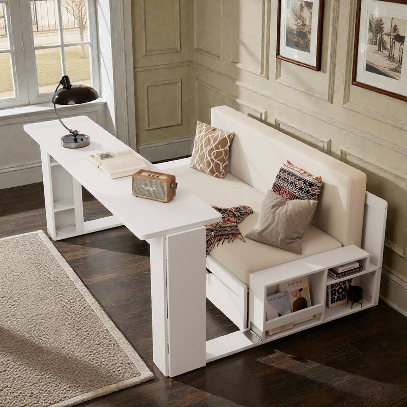 Queen Size 4-in-1 Daybed with Removable Desk, Storage Drawers, Hydraulic Side Tables & Extendable Armrests