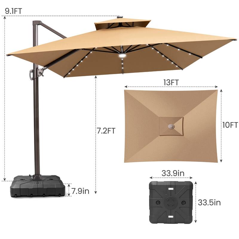 10 FT x 13 FT Outdoor Patio Premium LED Lighted Double Top Cantilever Offset Umbrella with Base