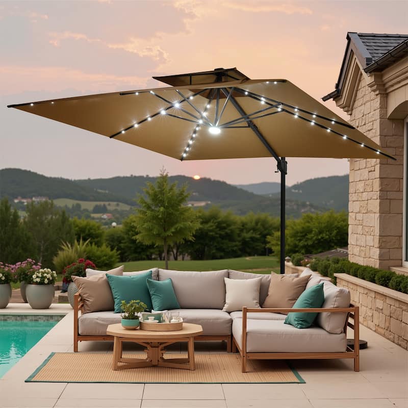 11 FT Outdoor Solar Powered LED Patio Cantilever Umbrella Double Top Square Umbrella - Tan