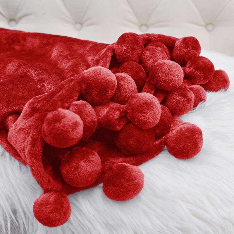 Pompom Flannel Fleece Throw