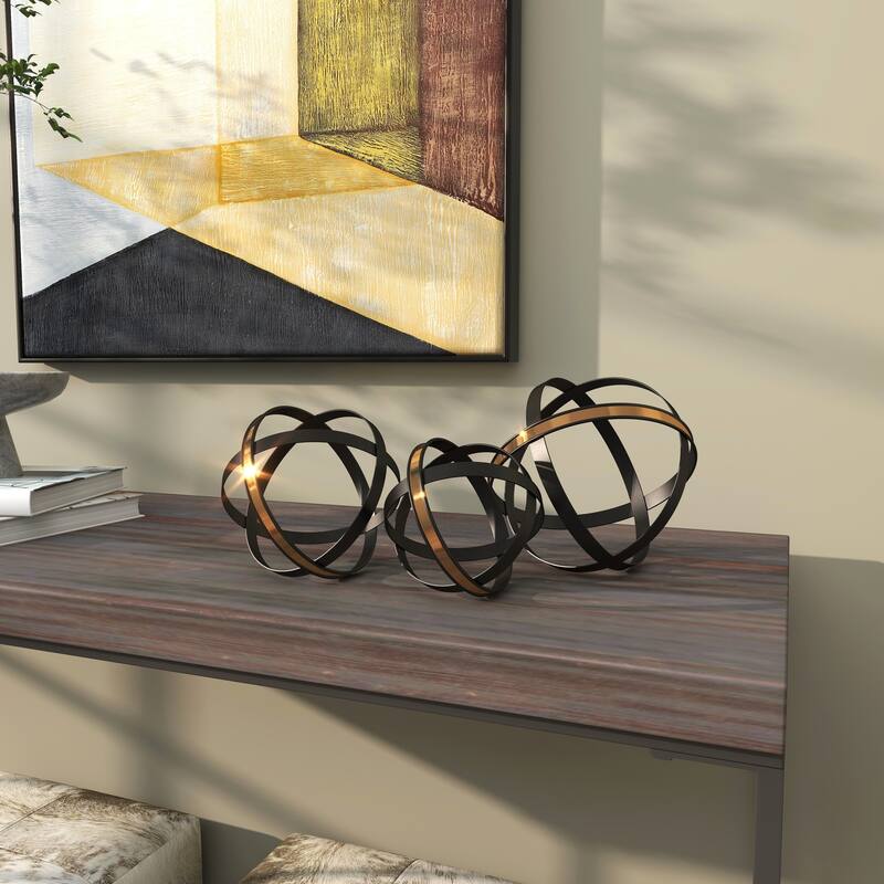 Black Metal Geometric Decorative Sculpture with Gold Accents (Set of 3)