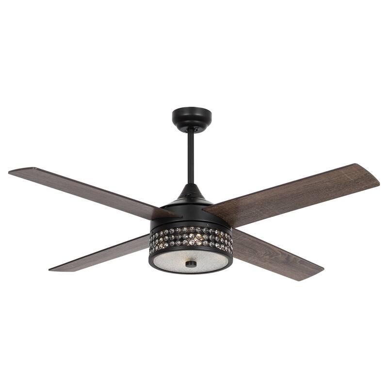 52-inch Satin Nickel/Black 4-Blades Crystal Ceiling Fan with Light Kit