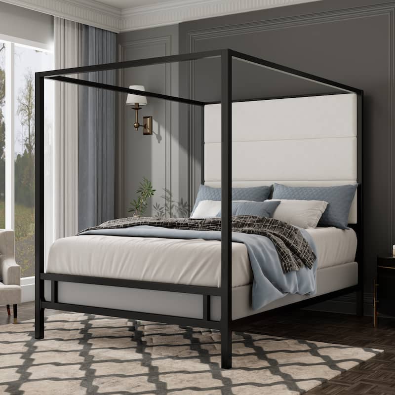 Modern Platform Canopy Bed with Wingback Upholstered Headboard and Metal 4-poster Bed Frame, Box Spring Needed Low Profile Bed - Black White Velvet - King