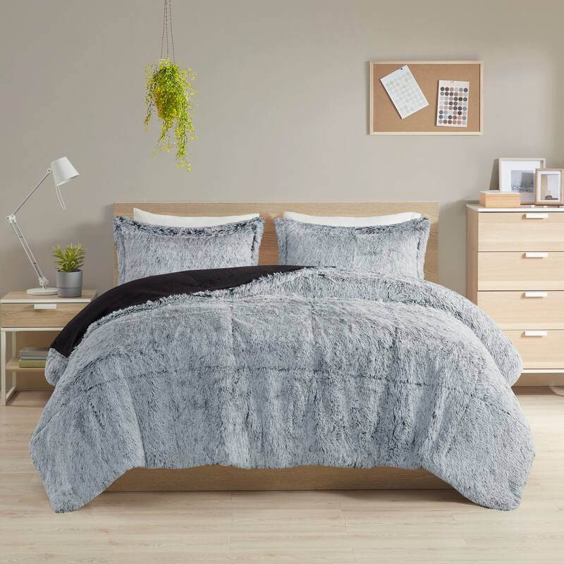 Intelligent Design Leena Shaggy Long Fur Comforter Mini Set - Black/White - King