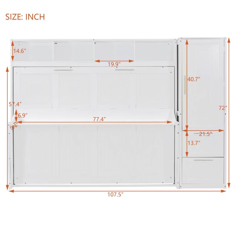 Full Size Murphy Bed with Side Flip, 2 Drawers, Closet, Compartment