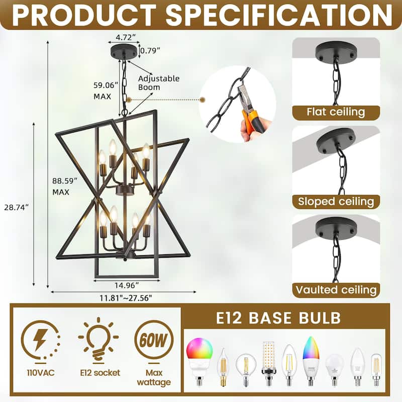 8 -Lights Candle Dimmable Two Tiers Rectangle Chandeliers