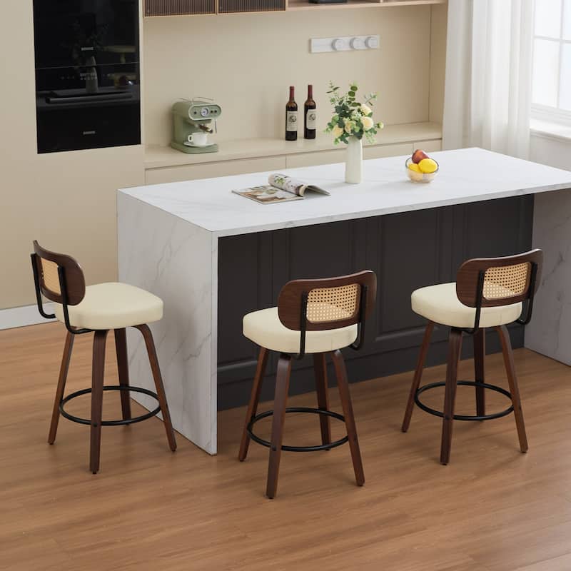 Set of 3 Counter Height Bar Stools - Rattan Counter Height Stools with Cane Back, Upholstered Seat, Swivel Counter Stools