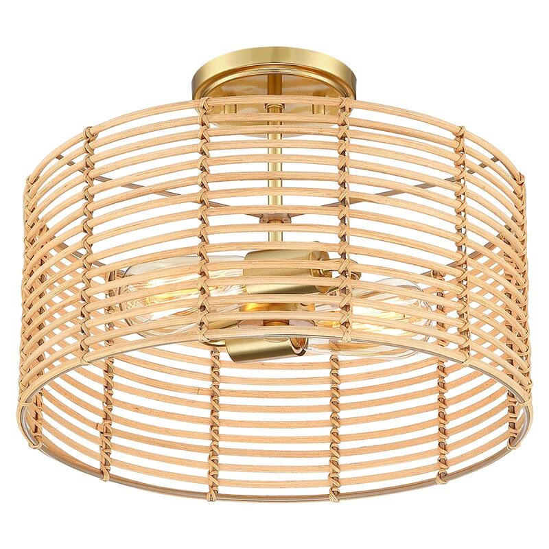 2-Light Bohemian Rattan Semi-Flush Mount Ceiling Light