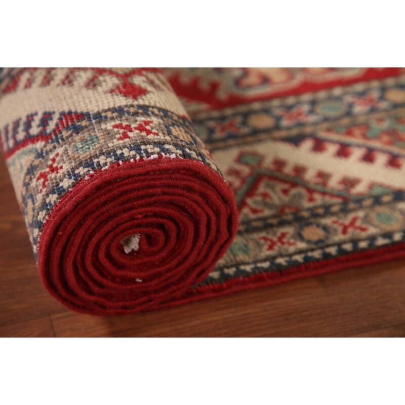Geometric Red Kazak Runner Rug Handmade Oriental Wool Carpet - 2'9" x 10'8"